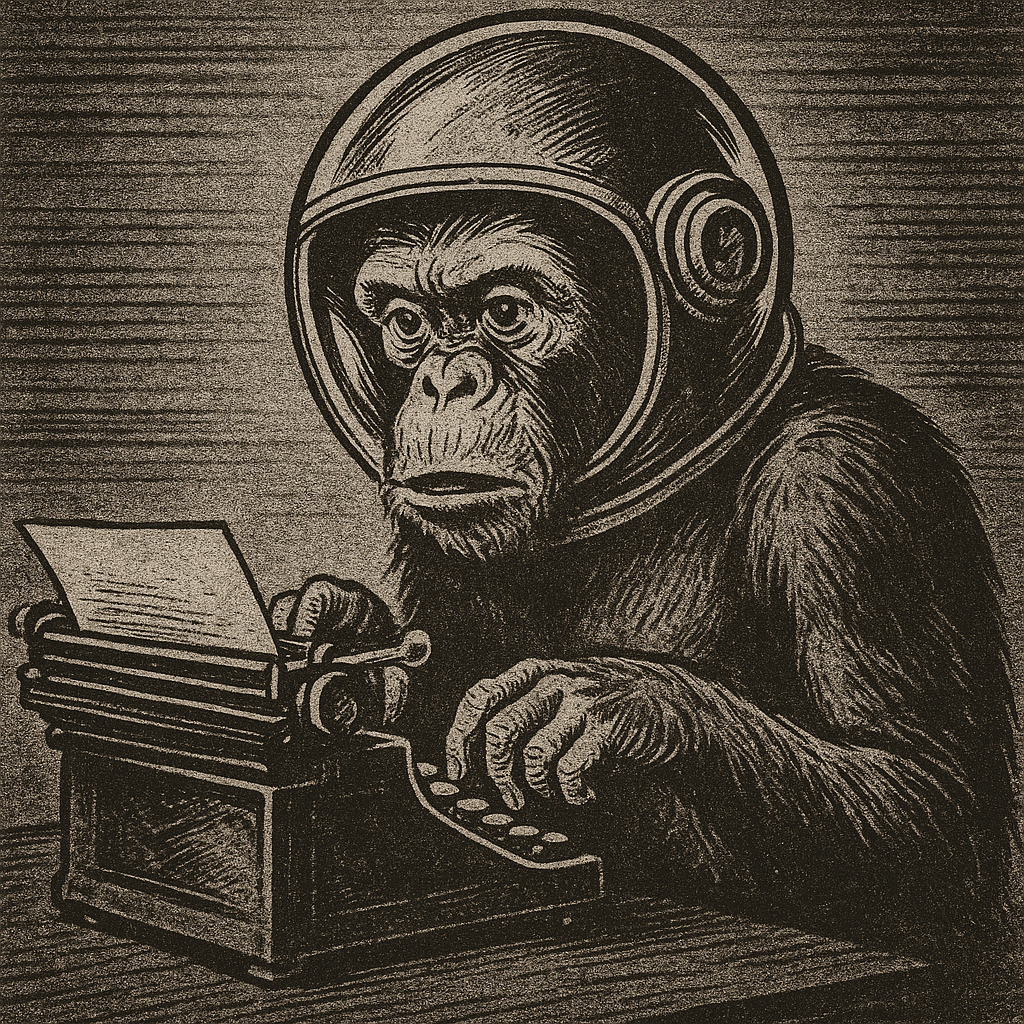A monkey in a space helmet working on a typewriter.