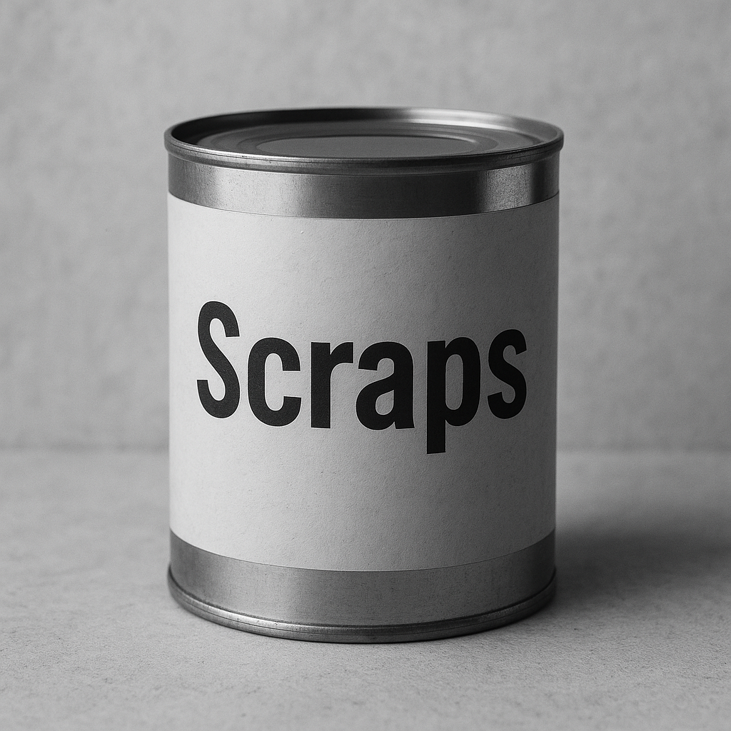 A tin can with the label 'Scraps'